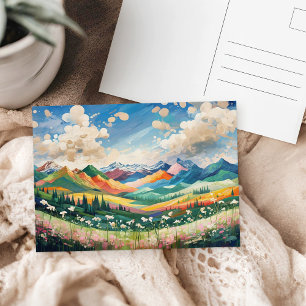 Postal Pintura de Arte Colorido de Montañas y Flores Silv