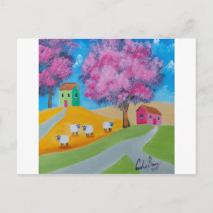 Postal Pintura de arte folclórico alegre de las ovejas