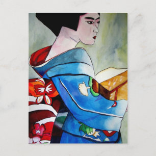 Postal Pintura de arte original acuarela Geisha Japonesa