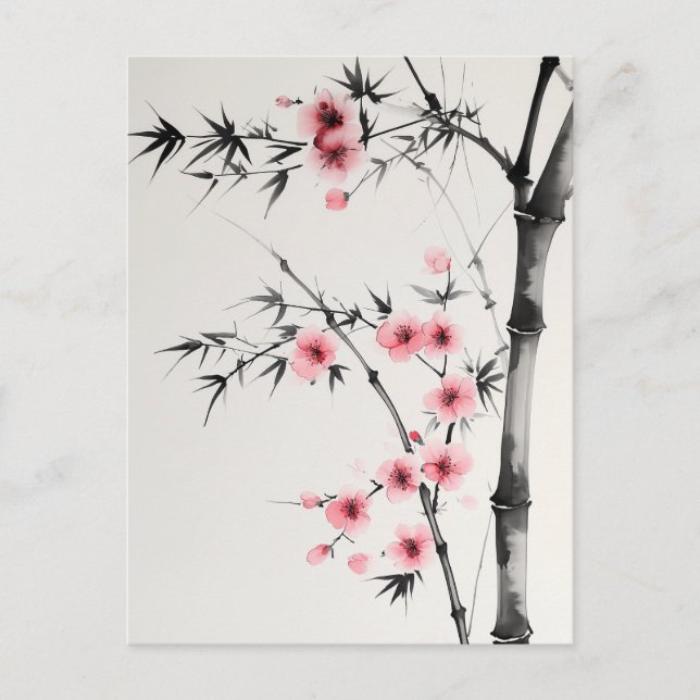 Postal Pintura de bambú y flores de cerezo en el lavado (Anverso)