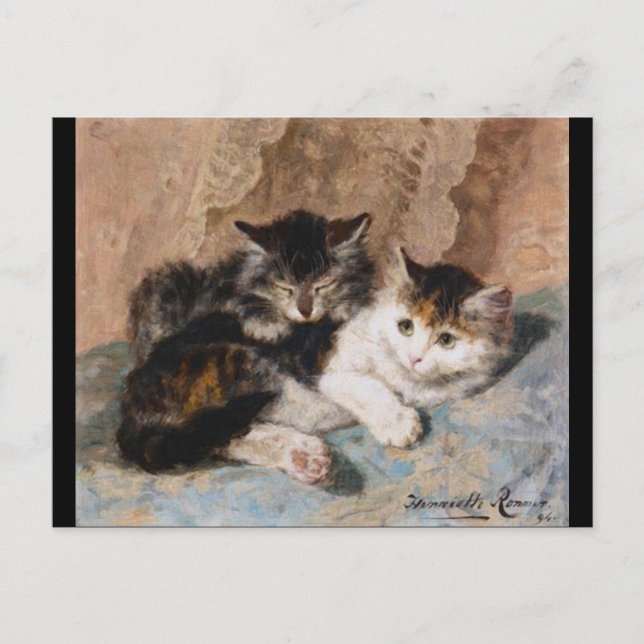 Postal Pintura de Bella Artes Calico Cat y Gray Kitten (Anverso)