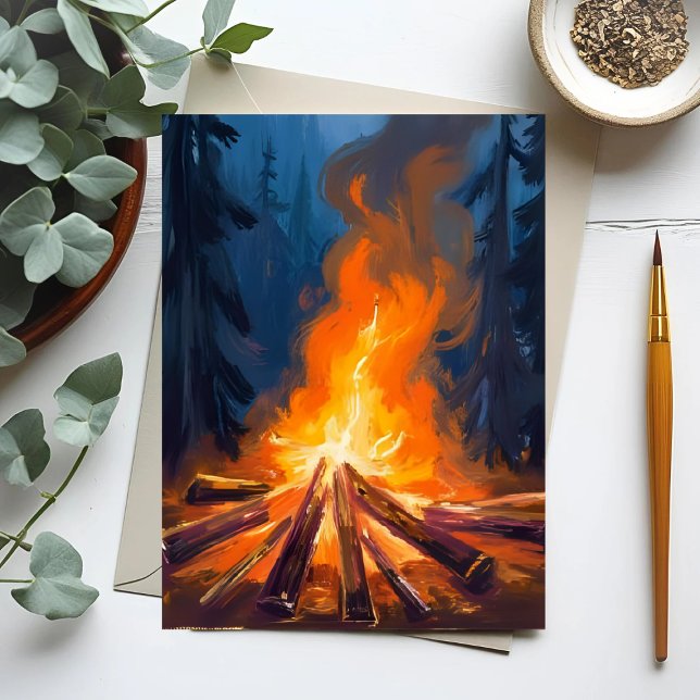 Postal Pintura de bosque de acuarela de fuego (Subido por el creador)