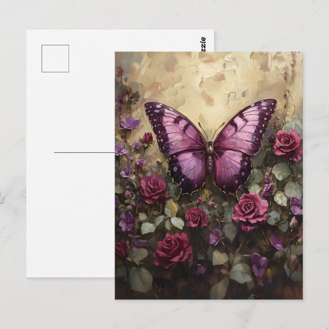 Postal Pintura de Bush Rosa de mariposa morada (Anverso / Reverso)