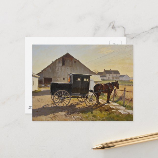 Postal Pintura de caballo y buggy Amish (Anverso/Reverso In Situ)
