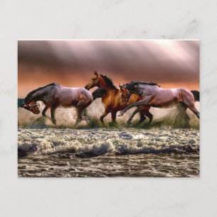 Postal Pintura de caballos corriendo en olas del océano