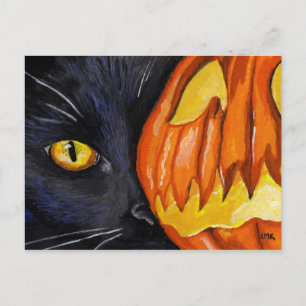 Postal Pintura de calabaza de gato negro y Halloween