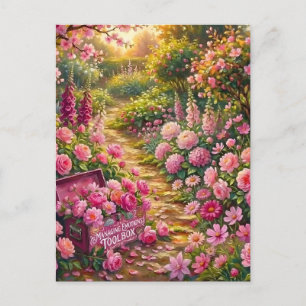 Postal Pintura de camino de jardín de flores rosadas soña