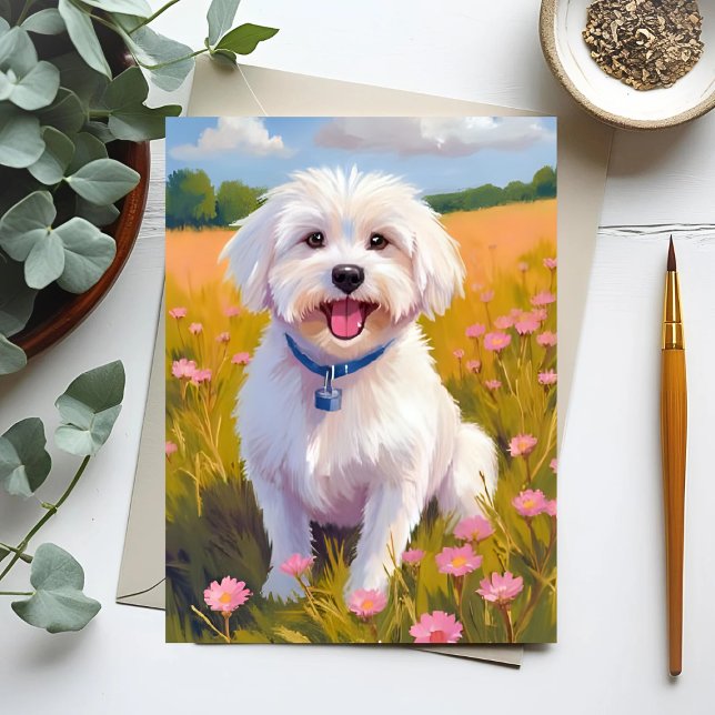 Postal Pintura de campo de flores de perro de Malta (Subido por el creador)