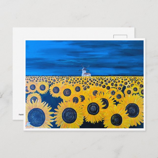 Postal Pintura de campo de girasol por Alfred Fox (Anverso / Reverso)