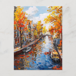 Postal Pintura de canal de otoño con barcos y casas color