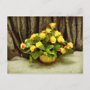 Postal Pintura de cesta de rosas amarillas