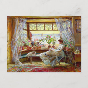 Postal Pintura de Charles James Lewis de una mujer leyend