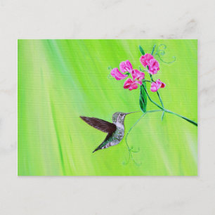 Postal Pintura de colibrí y guisantes dulces