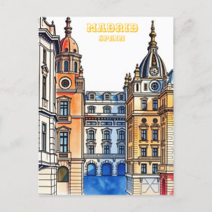 Postal Pintura de color de agua de la silueta de Madrid E