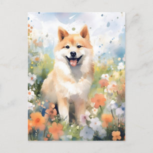 Postal Pintura de colorida acuarela de Shiba Inu