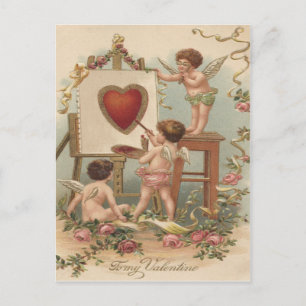 Postal Pintura de Corazón de Cupido Rosas Rosa