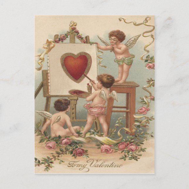 Postal Pintura de Corazón de Cupido Rosas Rosa (Anverso)