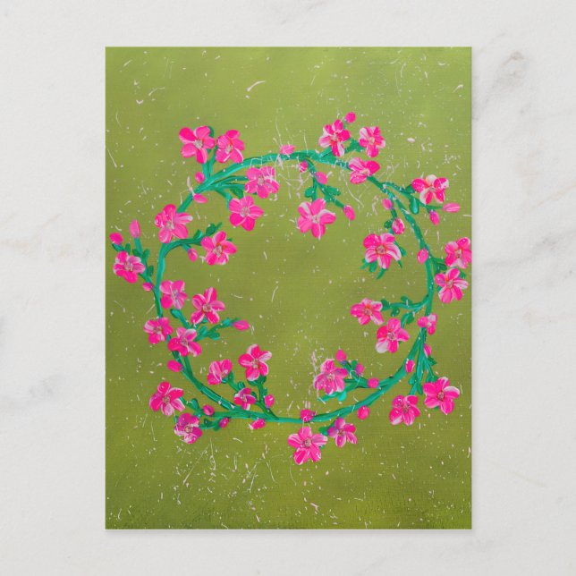 Postal Pintura de corona de flores rosadas texturizadas (Anverso)