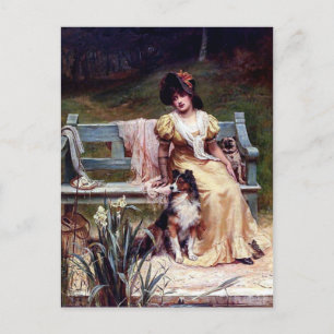 Postal Pintura de damas y dos perros Mascotas