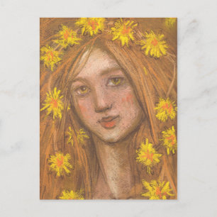 Postal Pintura de Dandelions Bloom, Blonde Chica y Flores