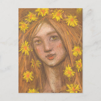 Postal Pintura de Dandelions Bloom, Blonde Chica y Flores