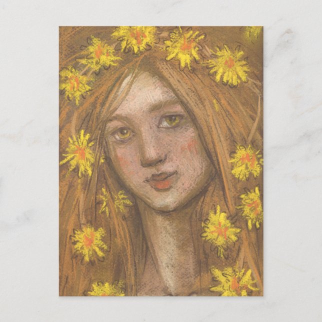 Postal Pintura de Dandelions Bloom, Blonde Chica y Flores (Anverso)