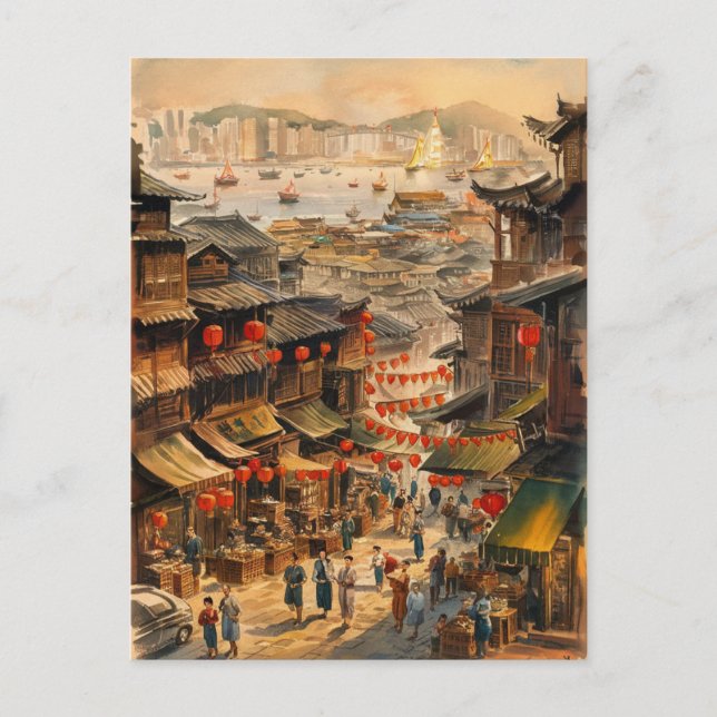 Postal Pintura de época de la calle Hongkong China (Anverso)