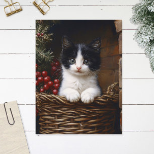 Postal Pintura de escena de invierno de gato negro y blan