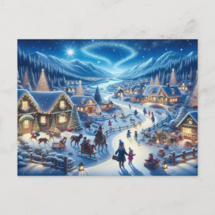 Postal Pintura de escena nevada de pueblo navideño