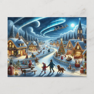 Postal Pintura de escena nevada de pueblo navideño