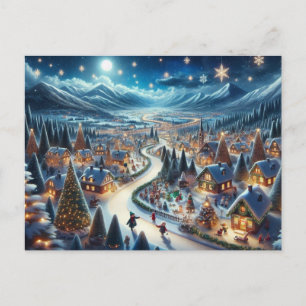 Postal Pintura de escena nevada del pueblo navideño