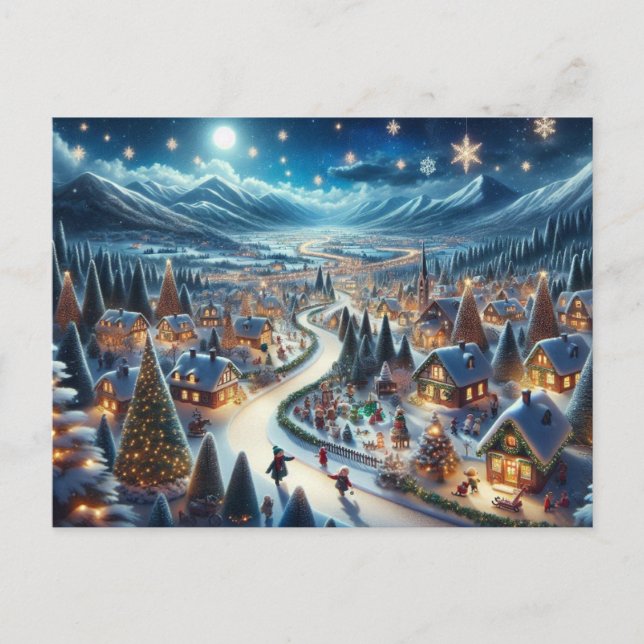 Postal Pintura de escena nevada del pueblo navideño (Anverso)