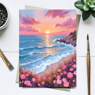 Postal Pintura de flores de acuarela de puesta de sol del