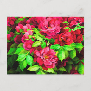 Postal Pintura de flores rojas hojas verdes