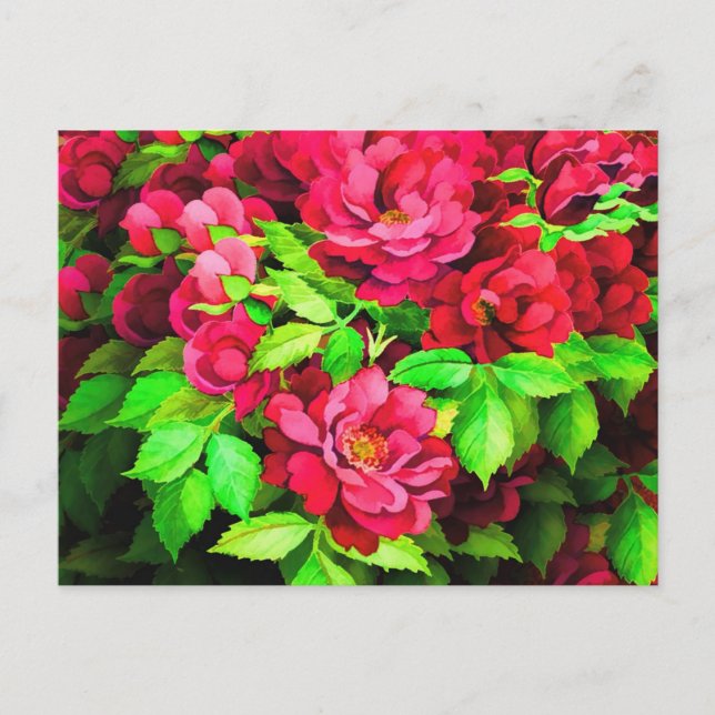 Postal Pintura de flores rojas hojas verdes (Anverso)