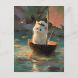 Postal Pintura de gatito blanco esponjoso navegando en co