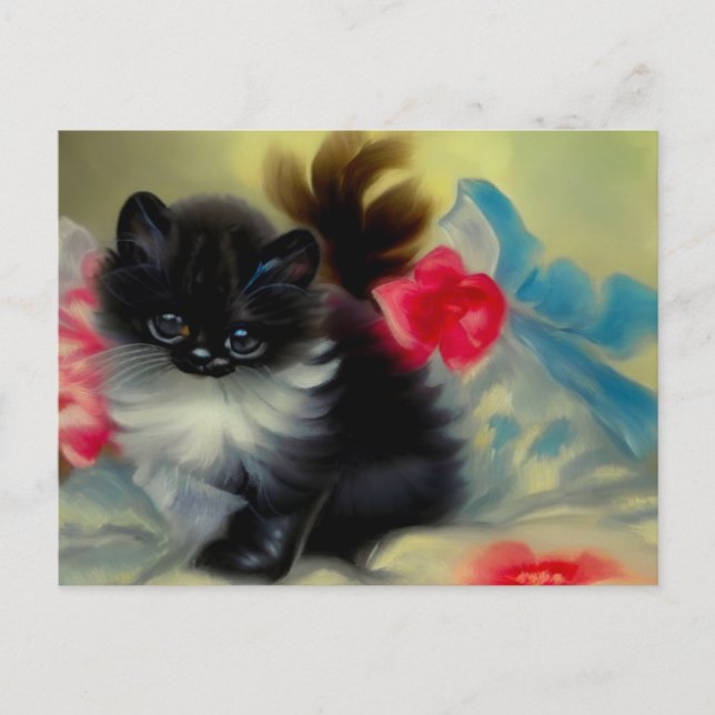 Postal Pintura de gatito blanco y negro vintage (Anverso)