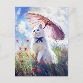 Postal Pintura de gato blanco con parasol en campo de ama