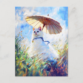 Postal Pintura de gato blanco con parasol en campo de ama