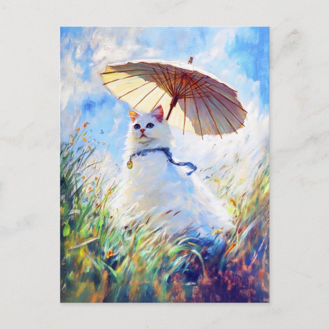 Postal Pintura de gato blanco con parasol en campo de ama (Anverso)