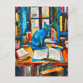 Postal pintura de Gato entre libros abiertos