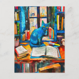 Postal pintura de Gato entre libros abiertos