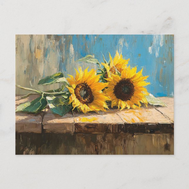 Postal Pintura de girasoles impresionistas (Anverso)