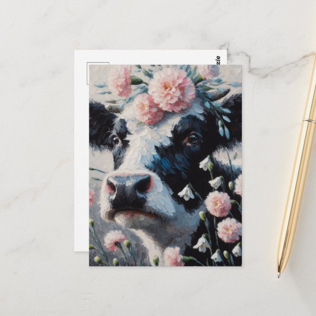 Postal Pintura de granja de la vaca Holstein en las flore (Anverso/Reverso In Situ)