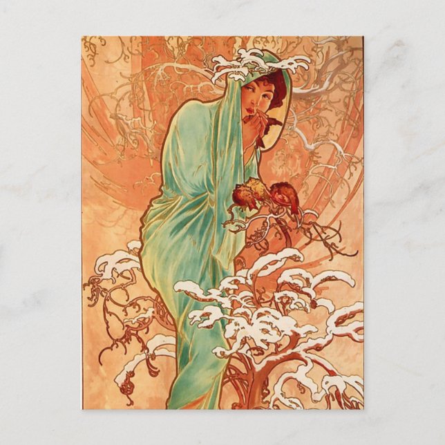 Postal Pintura de invierno de Alfons Mucha Art Nouveau (Anverso)