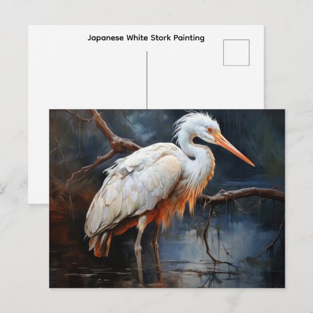 Postal Pintura de la Cigüeña Blanca Japonesa (Anverso / Reverso)