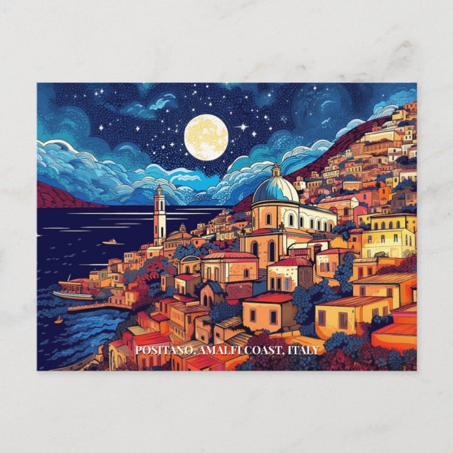Postal Pintura de la costa de Positano Amalfi Italia Viaj (Anverso)
