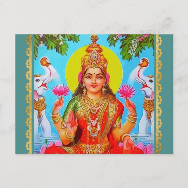 Postal Pintura de la diosa Lakshmi Elefantes Blancos Diwa (Anverso)