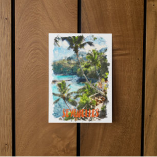 Postal Pintura de la isla Seychelles con acuarela tropica