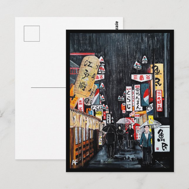 Postal Pintura de la lluvia en Tokio por Alfred Fox colec (Anverso / Reverso)